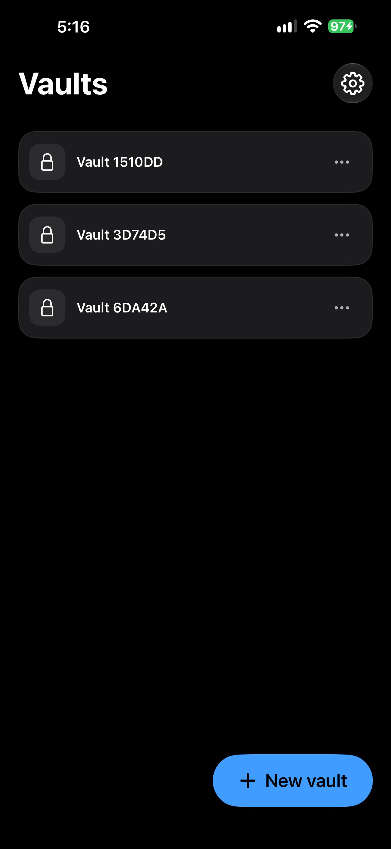 The Vaultever home screen with two local vaults.